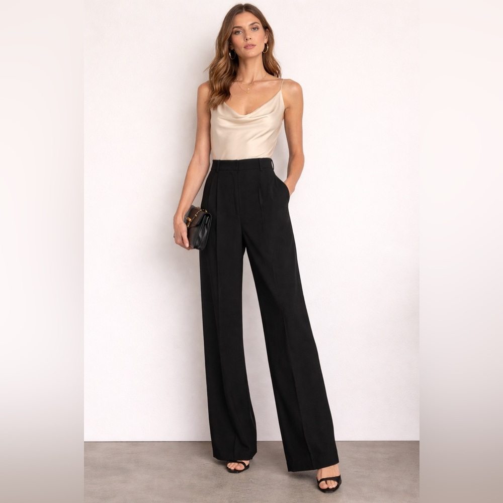 Reformation Wide Leg Pleated Trouser Black High Rise Size 12